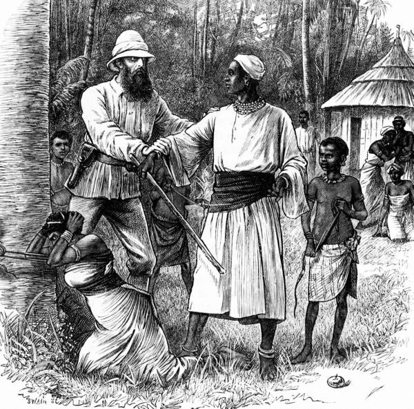 An early illustration depicting John Hanning Speke restraining the hand of Mutesa I, the reigning