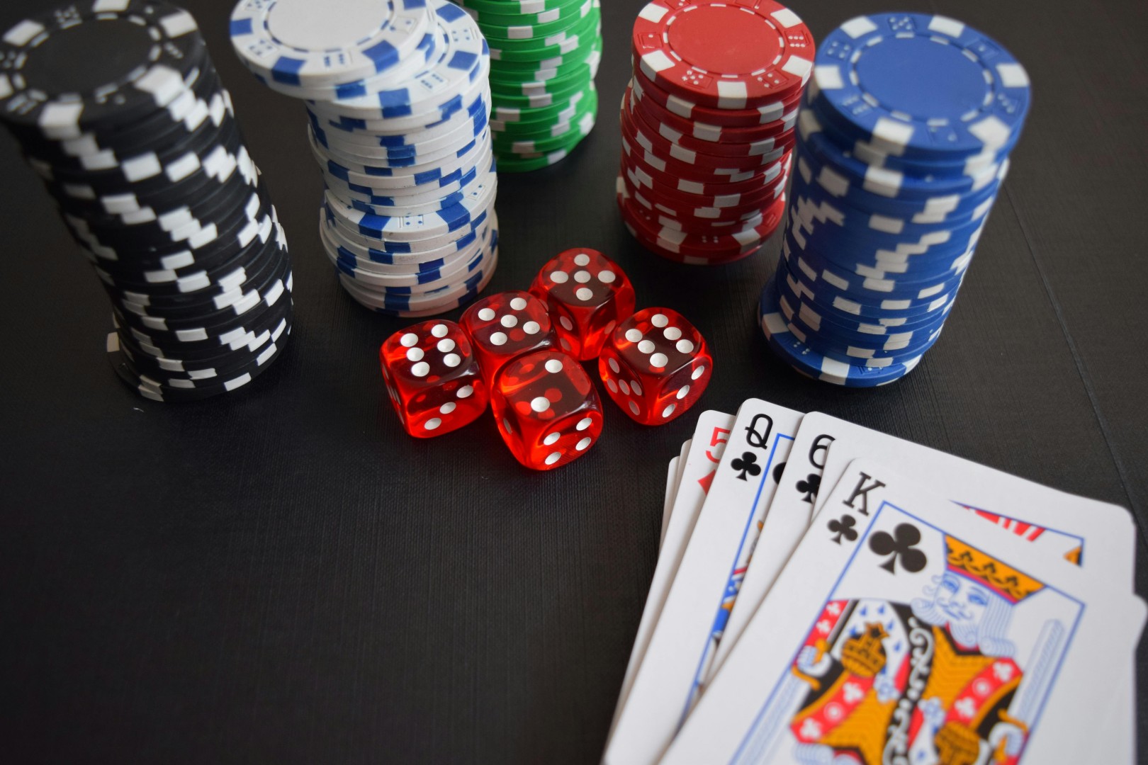Poker chips, cards and dice