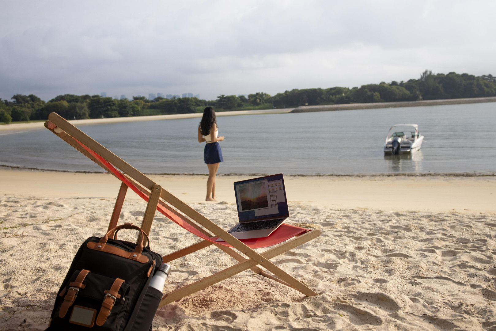 long shot nomad woman seaside