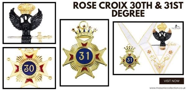 Rose Croix 30th Degree and 31st Degree Regalia featuring traditional ceremonial items associated with duty, judgement, and progression in the Ancient and Accepted Rite.