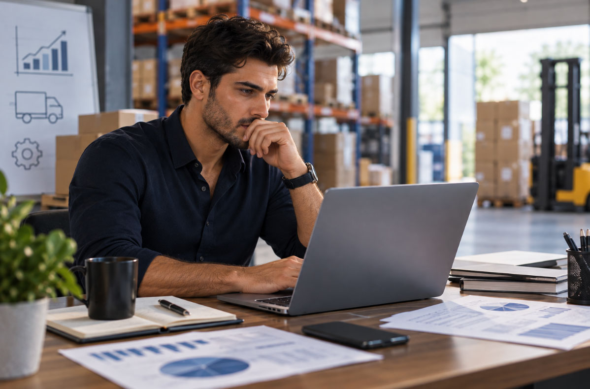 Supplier reviewing business data on a laptop in a warehouse office