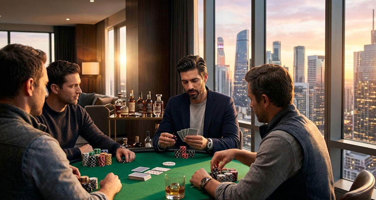 Man checking his phone before a poker game. 