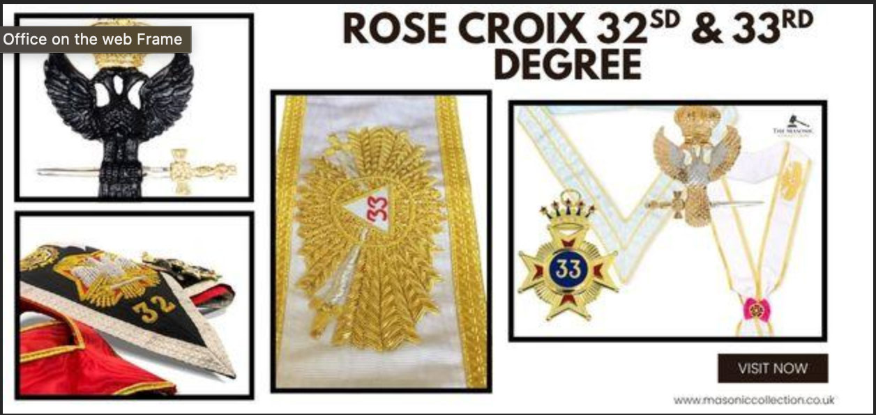 Rose Croix 32nd and 33rd Degree Regalia featuring ceremonial collars, jewels, and symbolic elements associated with higher degrees in Rose Croix Freemasonry.