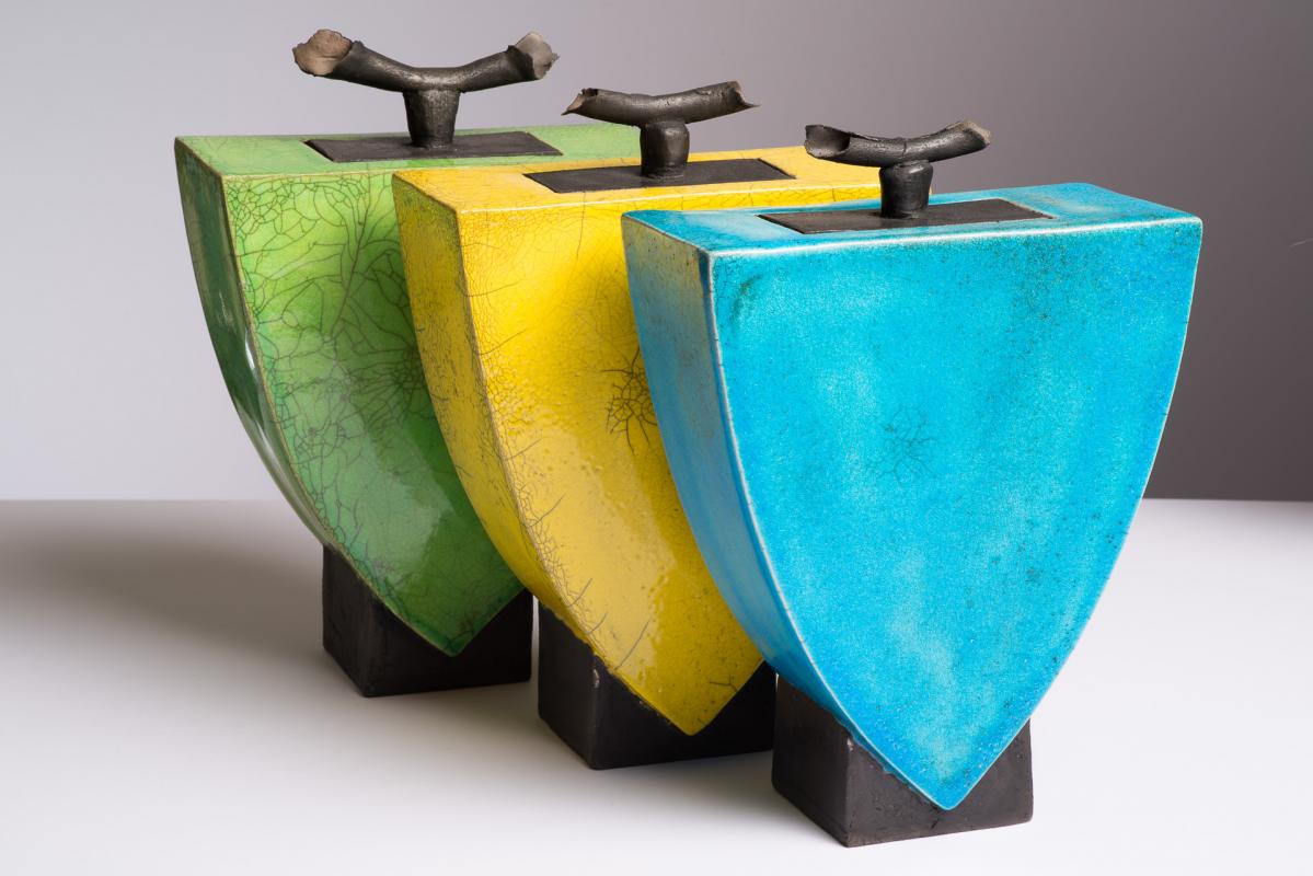 Shaping the Earth Lidded Pots Yellow Green Blue Ian Fraser